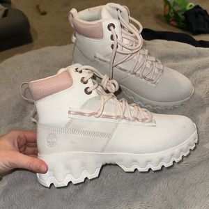 Pink and white timberland boots size 7.5